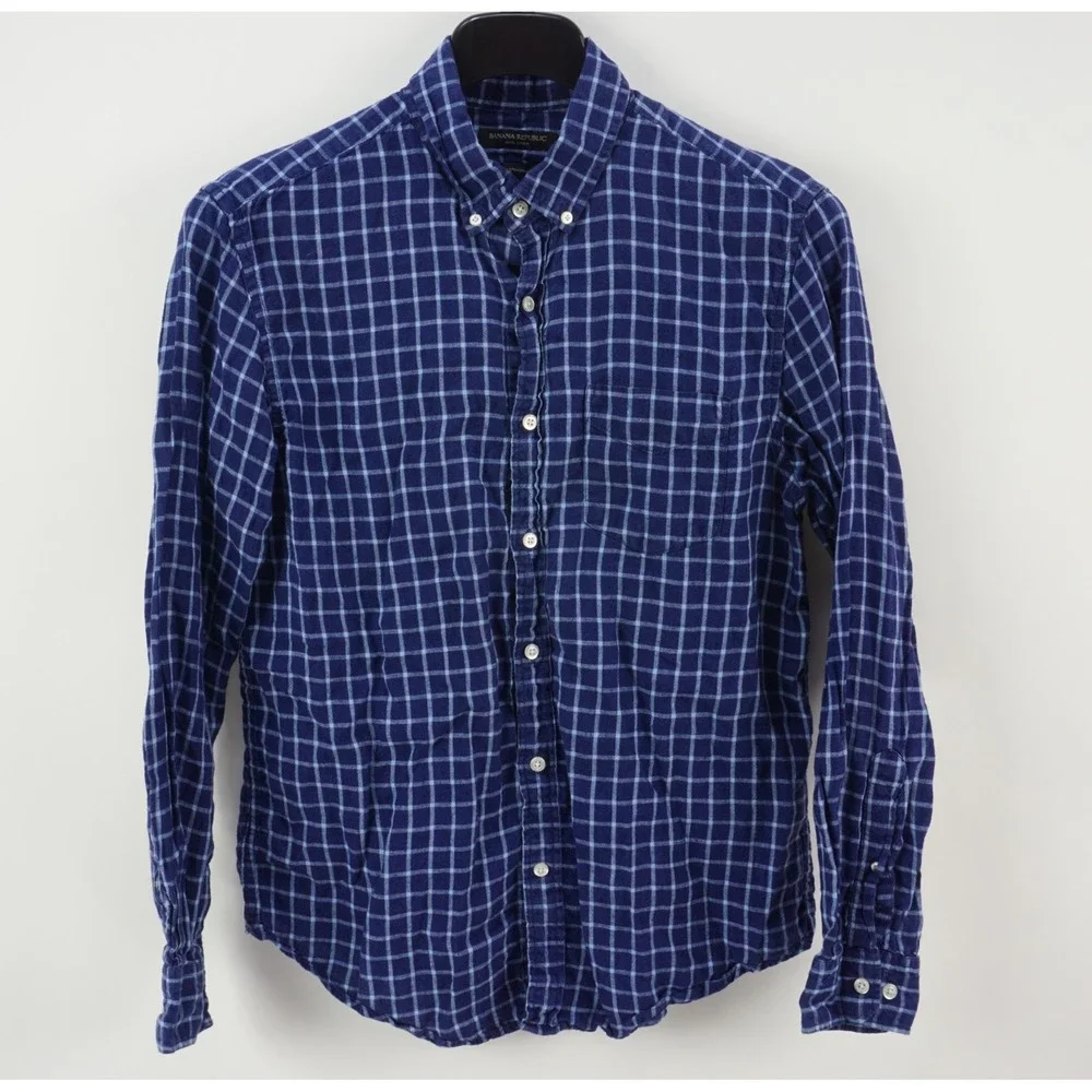 Banana Republic Camden 100% Linen Men's Medium Blue‎ Check Button Down Shirt